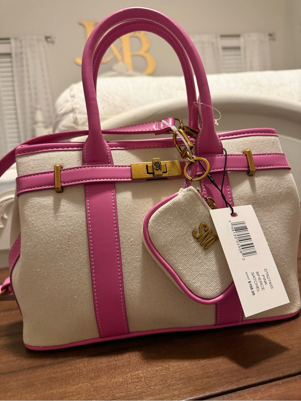 Steve Madden Cream Canvas Satchel with Pink Trim